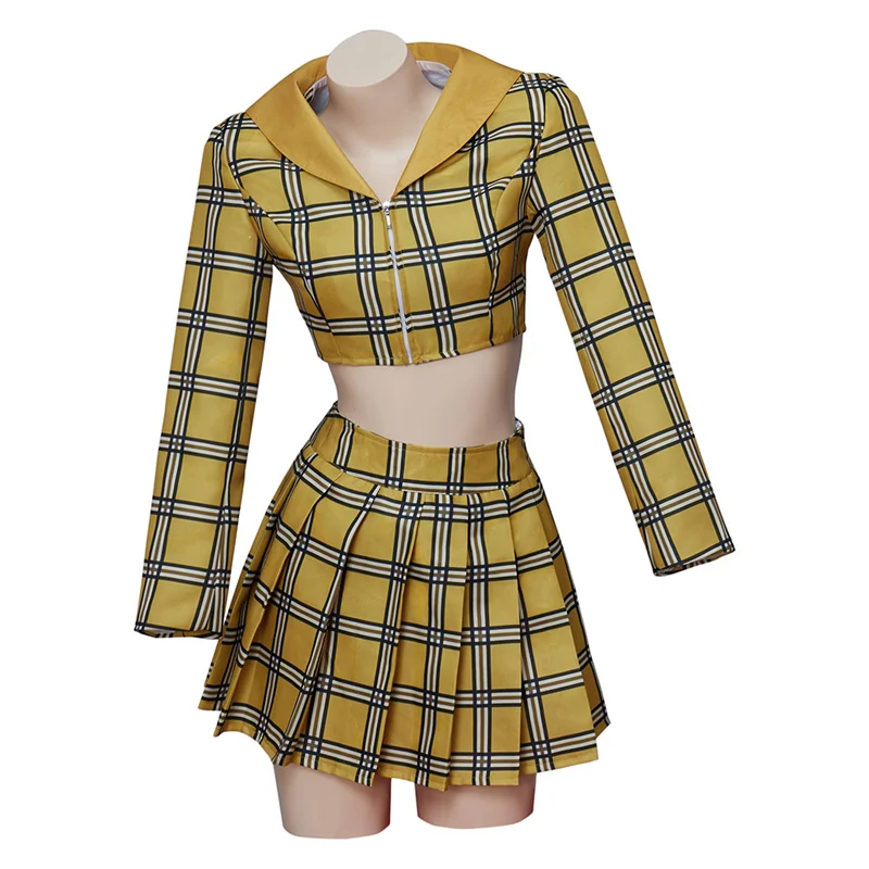 Movie Clueless Cher Cosplay Costume Women Yellow Plaid Uniform Crop Top Skirt Suit Halloween Party School Student Outfits