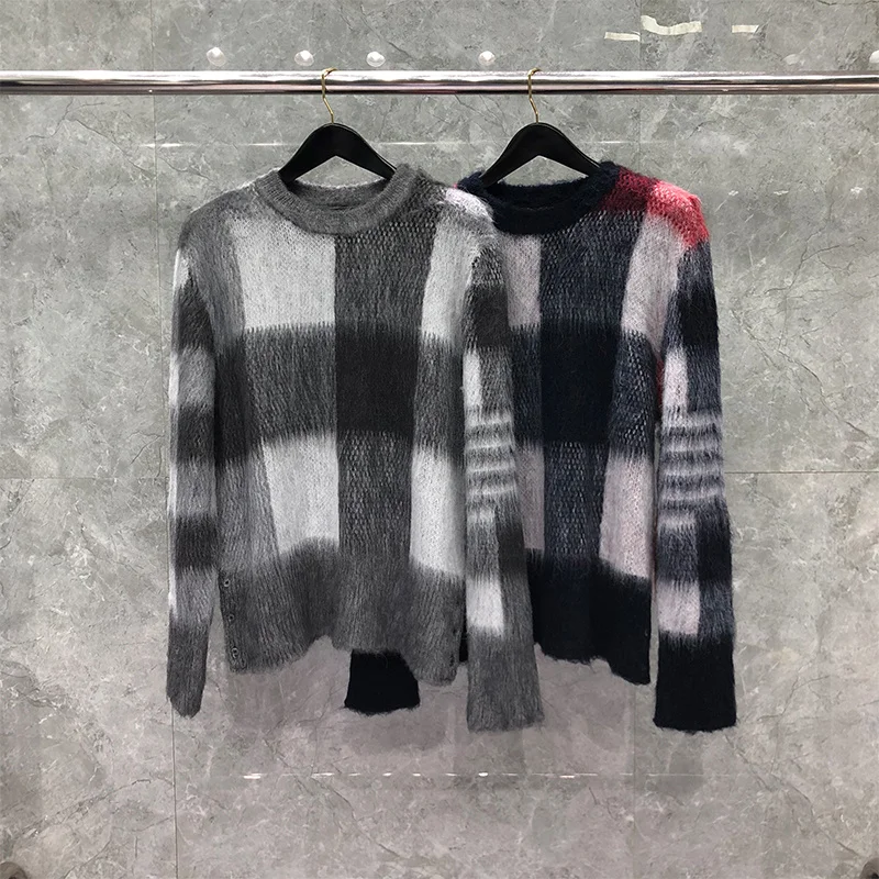 TB THOM Men's Winter Sweater Korean Brand Women's Sweater Classic Mohair 4-Bar Stripe Crew Neck Pullover Plaid Men's Coat