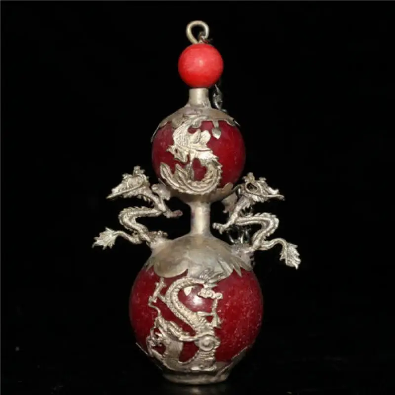 

3.94" Chinese Tibetan Silver Dragon Phoenix Inlay Jade Hand-Made Snuff Bottle