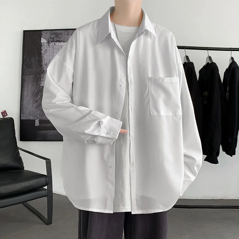 

HybSkr Autumn Solid Color Long Sleeve Men's Shirts Streetwear Casual Loose Unisex Blouses Turn-down Collar All-match Shirts