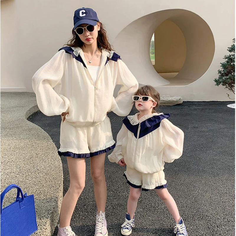 Fashion Mother And Daughter Summer Clothes Kid's Girl Coat And Shorts Two Piece Outfits 2022 Women's Clothing Sets Family Beach