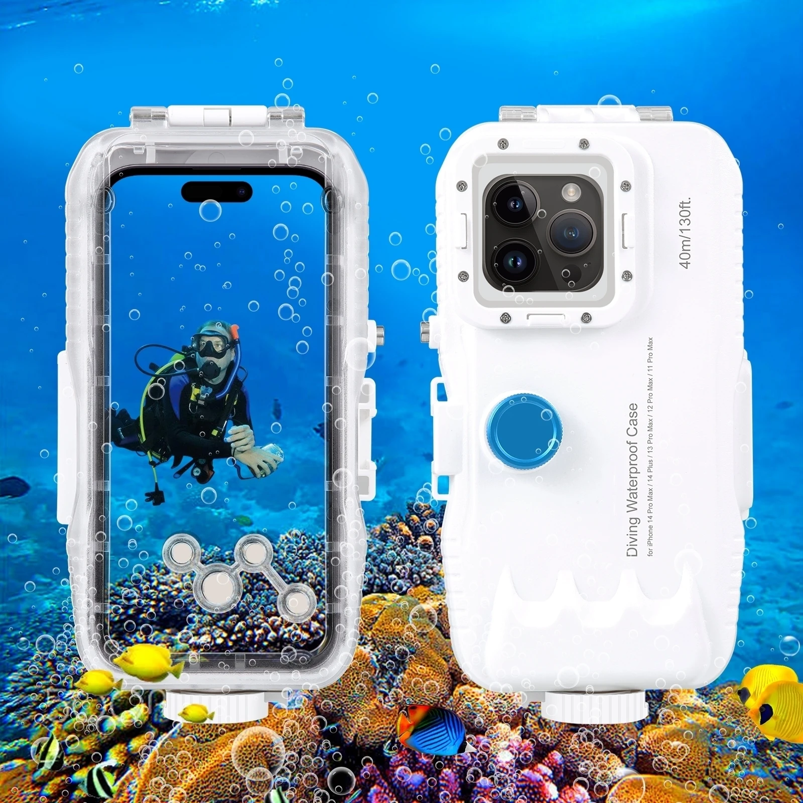

Suitable For iPhone 14Plus / 14 ProMax / 13 ProMax / 12 ProMax 40m Waterproof Case Good Air Tightness Clear Image View Durable