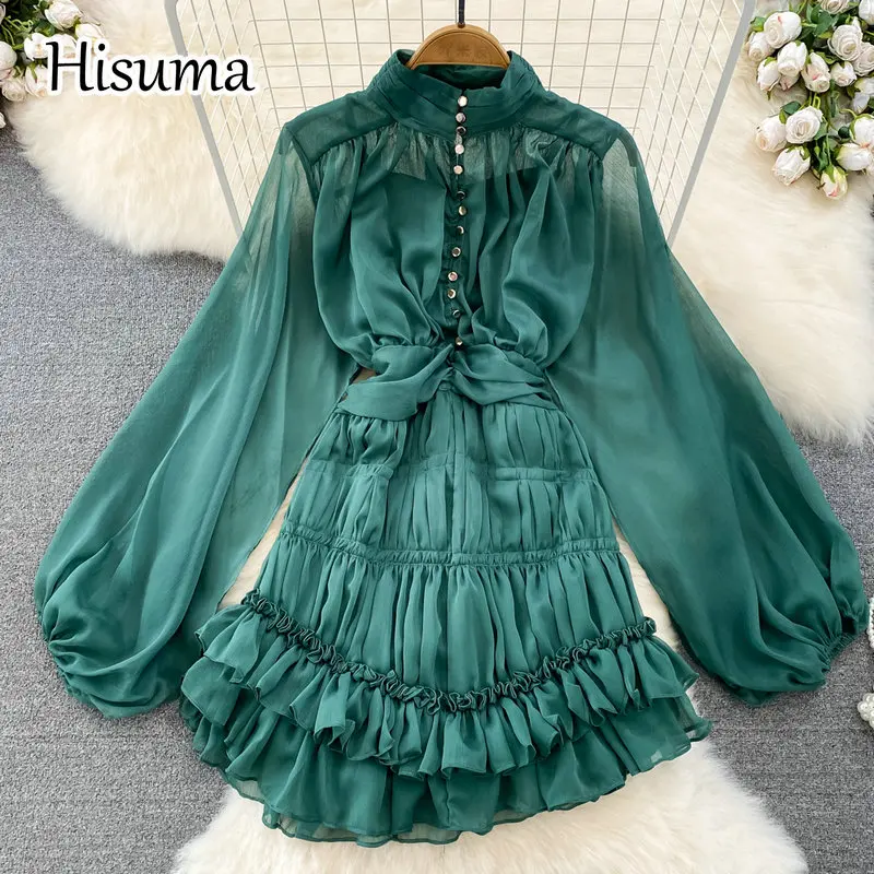 

Женское шифоновое платье-трапеция с круглым вырезом и рукавами-фонариками