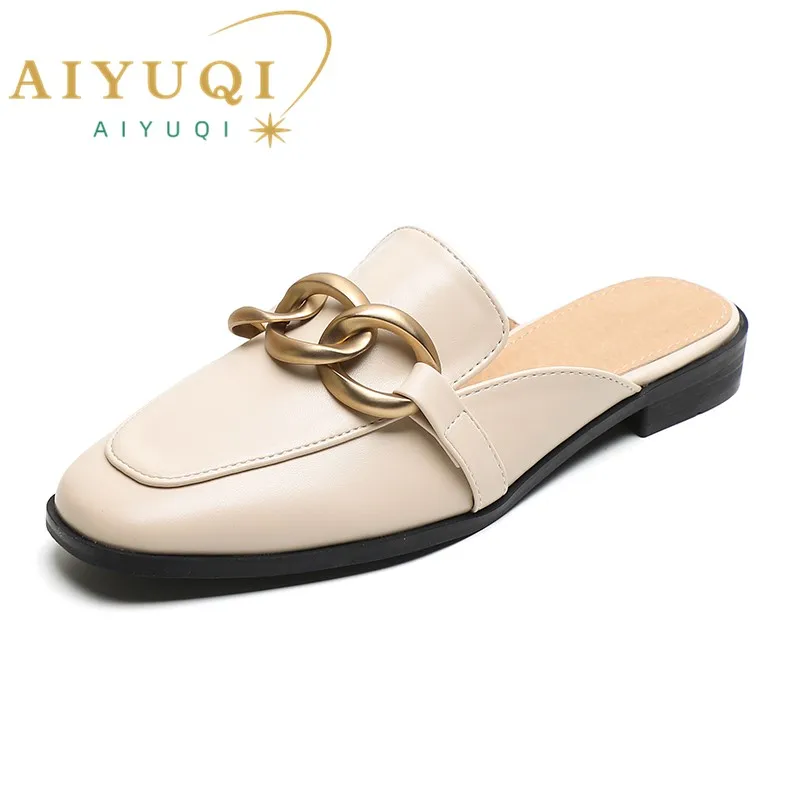 AIYUQI Mule Shoes Women Wear 2023 New Version Closed Toe Chain Women Slippers British Style Large Size Slippers Women