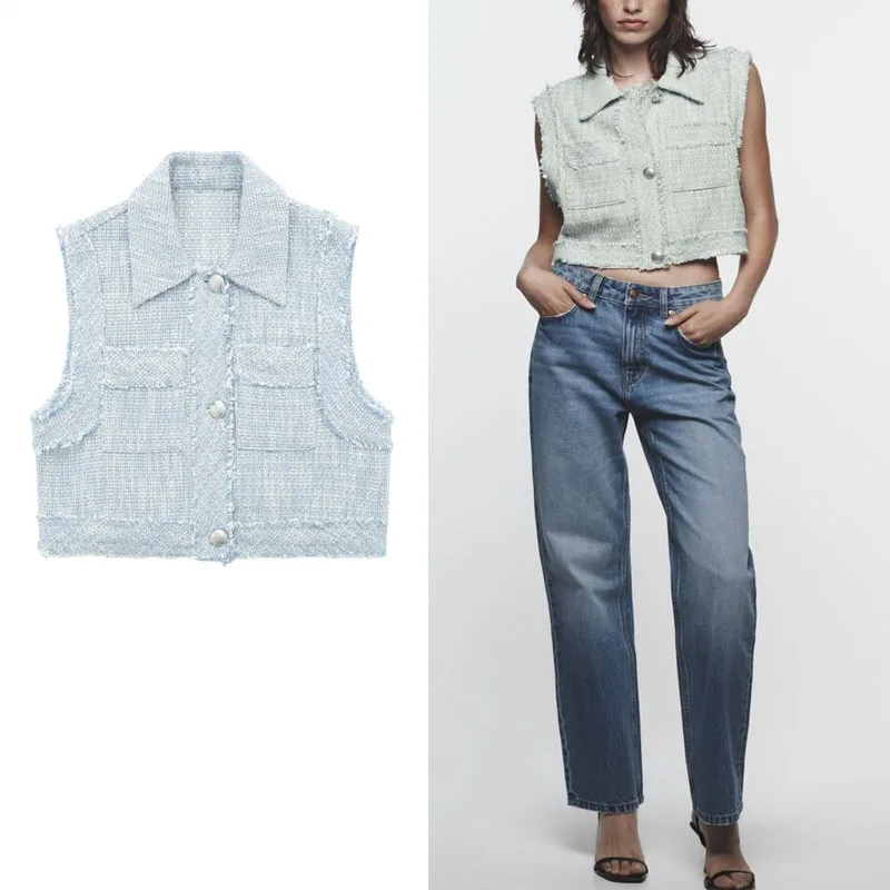 

TRAF Women Cropped Textured Vest Blue Lapel Collar Sleeveless Vest Fashion Front Pockets Jackets Waistcoat Summer Female Tops