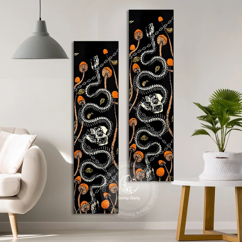 

Snake Tapestry Mushroom Skull Tapestries Hippie Skeleton Black Background Vertical Magical Aesthetic Wall Hanging for Room