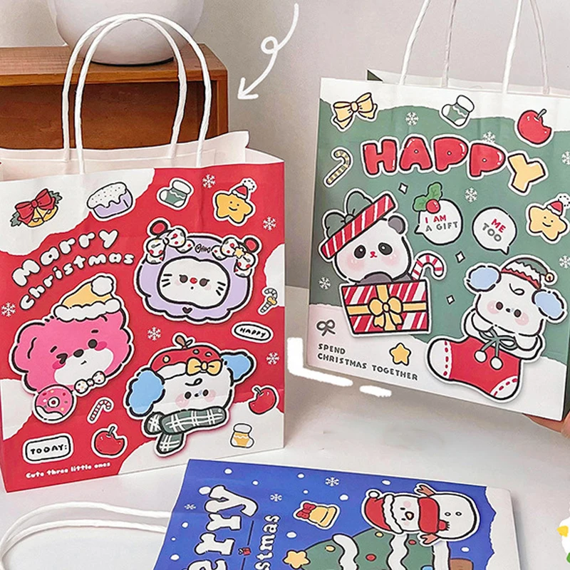

Merry Christmas Candy Gift Box With Handle Paper Cookies Gift Packing Bags Creative Cartoon Cute Pattern Handbags Party Supplies