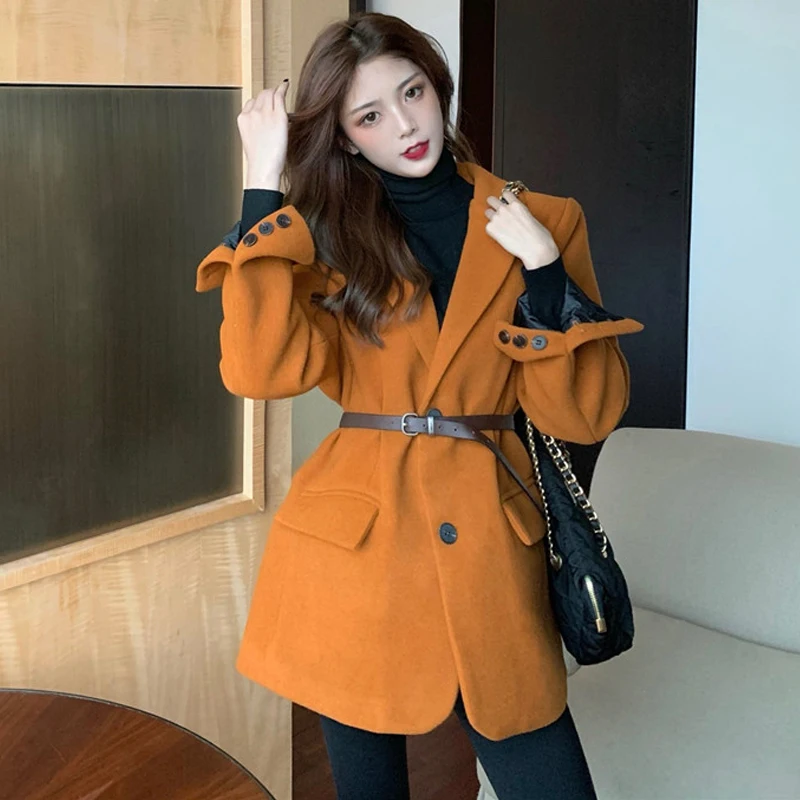 

Women's Autumn Winter Vintage Wool Coat Jacket with Belt 2022 Cotton Quilted Coats Female Thicken Woolen Overcoat Outerwear