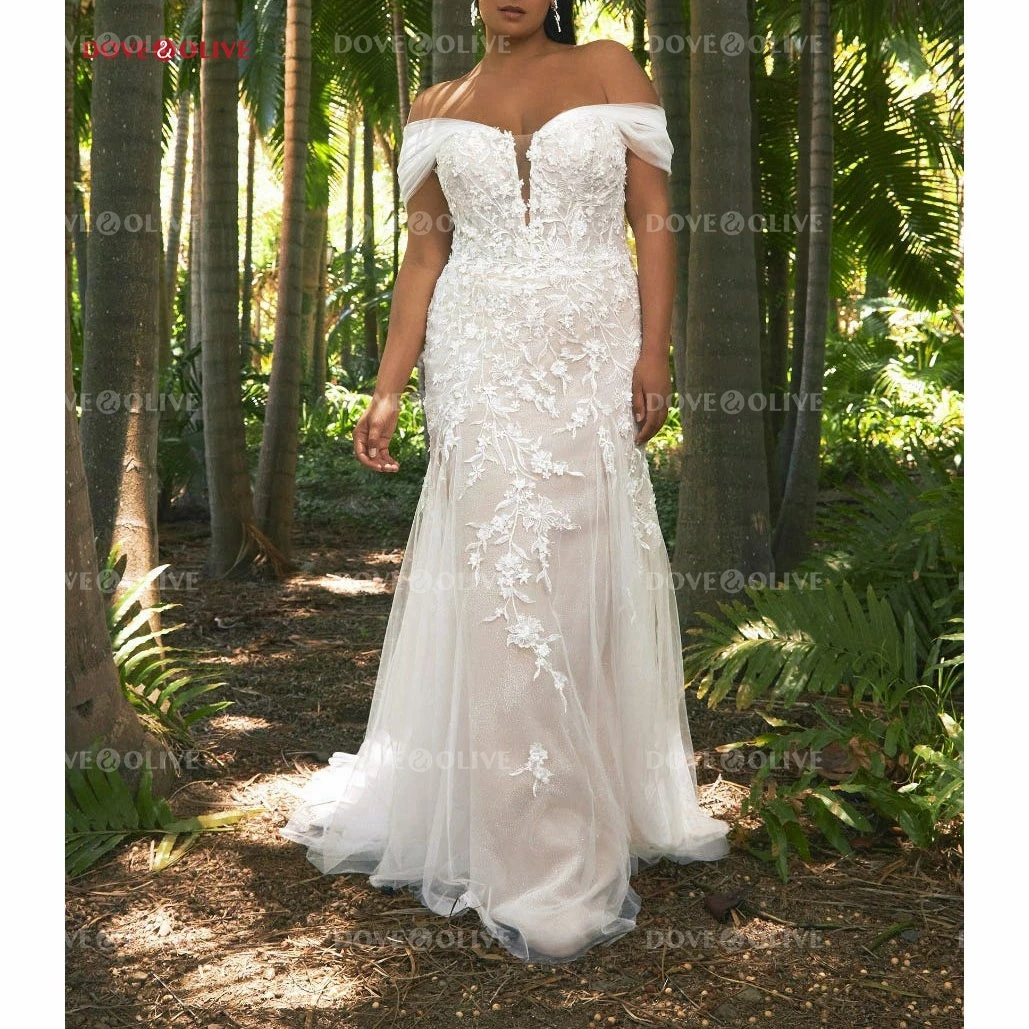 

Boho Lace Appliques Bridal Dresses Off Shoulder Sweetheart Mermaid Tulle Sparkle Wedding Gowns Sweep Train High Custom made