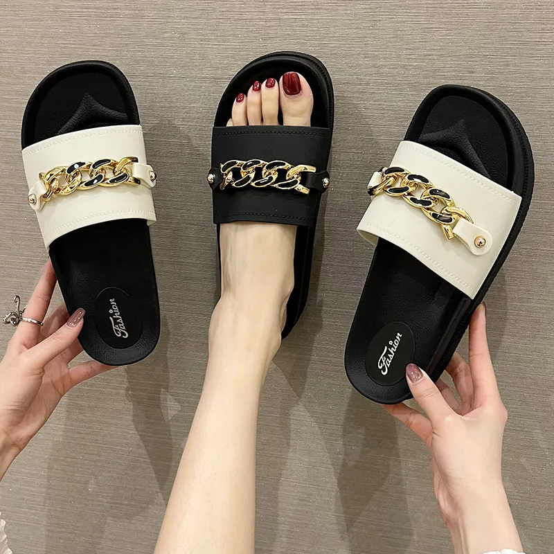 

Med Shoes Woman 2022 Slippers Summer Shale Female Beach Platform Pantofle Luxury Slides Flat Sabot New Designer Fashion PU Chain