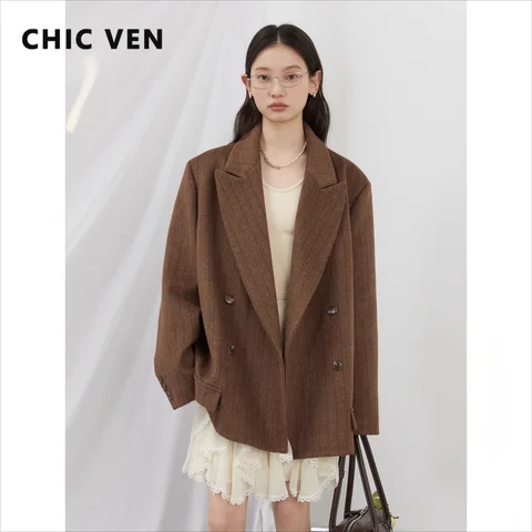 Женский шерстяной пиджак CHIC VEN, свободный винтажный женский пиджак с v-образным вырезом, двубортный офисный женский пиджак, весна-осень 2025
