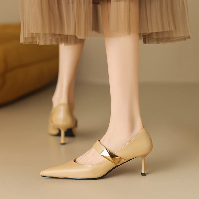 Cow Leather Pumps Women Comfy Soft Shoes Office Lady Spring Autumn Solid Pointed Toe Square Buckle 6cm Thin Kitten Heels
