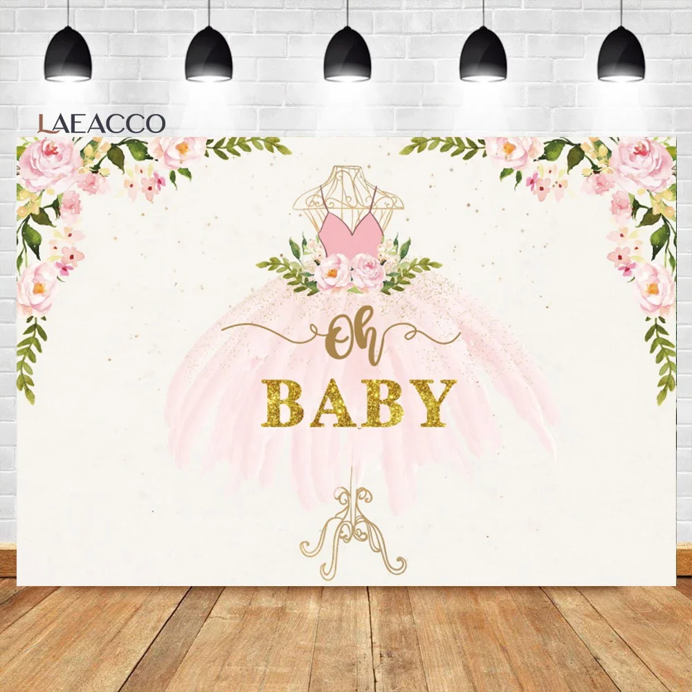

Laeacco Girls Baby Shower Backdrop Pink Floral Dress Gold Glitter Princess Birthday Portrait Customized Photography Background