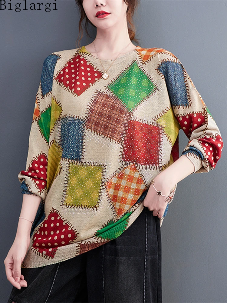 

Женская трикотажная футболка большого размера на осень с принтом, 2022, корейский стиль, повседневный Свободный пуловер, винтажная трикотажн...