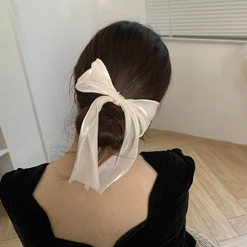 

Elegant Pearl Streamer Hair Bows Clips Women Ponytail Hairpin Pearl Rim Mesh Bowknot Grips Barrettes Top Head Headdress Headwear