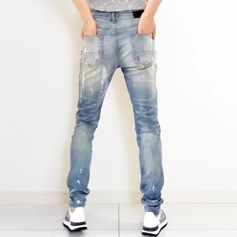 Streetwear Fashion Men Jeans Retro Gray Blue Elastic Stretch Skinny Ripped Jeans Men Painted Designer Hip Hop Brand Pants Hombre