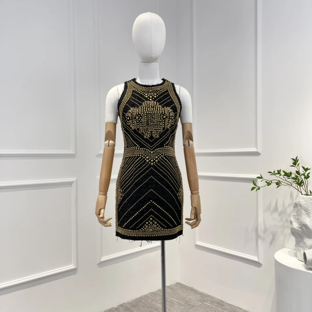 

2022 Autumn Newest Women Baroque Style Fashion Gold Rivet Black Mini Tweed Dress