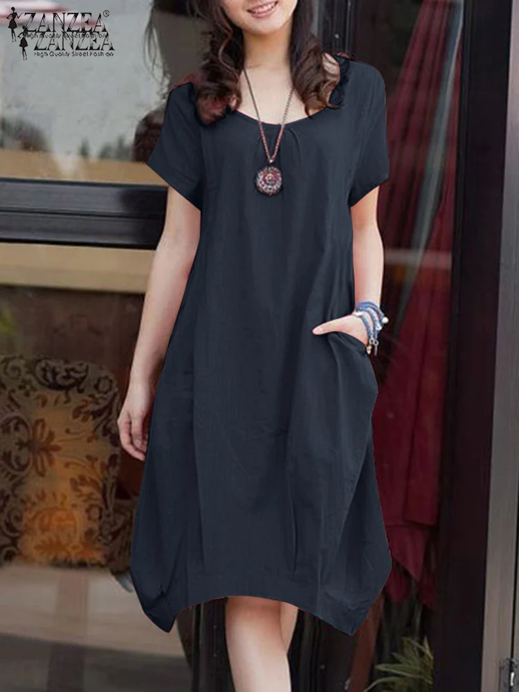 

Summer Vestidos Elegant OL Sundress Fashion Loose Solid Dresses For Women ZANZEA Short Sleeved O Neck Maxi Dress Robe Femme