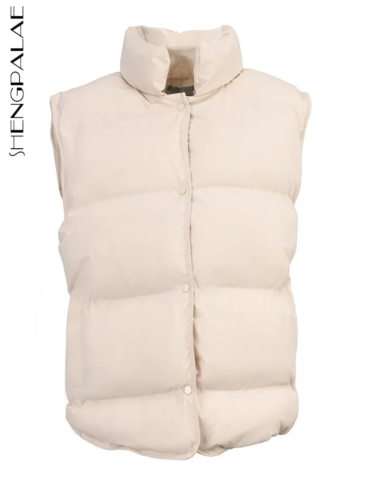 

SHENGPALAE Women Autumn 2022 New Stand Collar Single Breasted Sleeveless Loose Solid Color Waistcoat Fashion Contton Vest 5E484