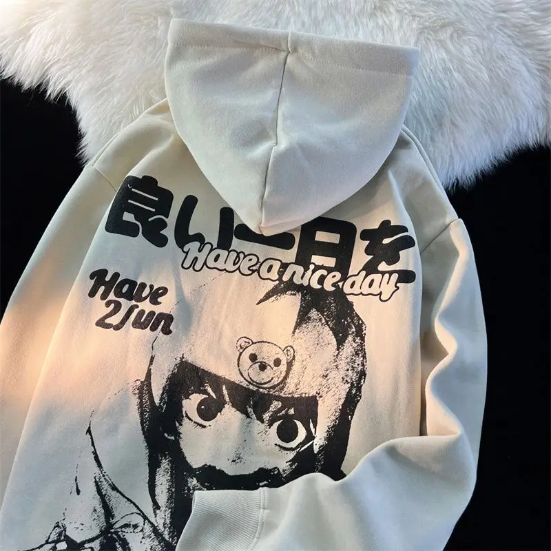 

Japanese Manga Print Hooded Cardigan Sweater Men And Women New High Street Harajuku Goth Lazy Wind Hiphop Sweatshirt Jacket Tops