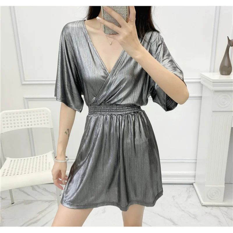

2021Fall Women's Clothing European and American Style Western Style Bright Silk Sexy Cross DeepVCollar Elastic High Waist Slimmi