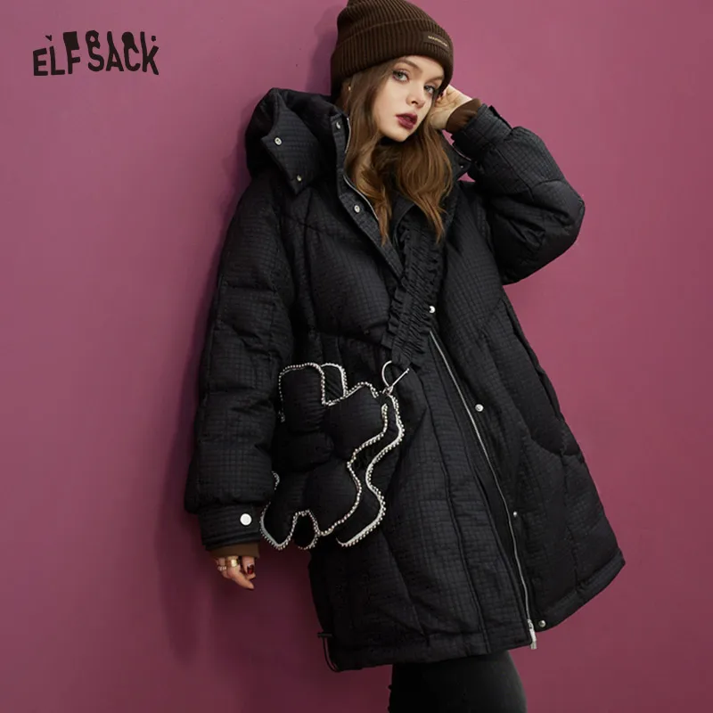 ELFSACK Black Warm Down Coats Women 2022 Winter Long Casual Coats