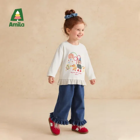 Топ с рюшами Amila для девочек, весенняя хлопковая футболка с длинными рукавами и мультяшным принтом, детский повседневный топ с оборками по подолу, розовый, белый, модный топ с рюшами для малышей