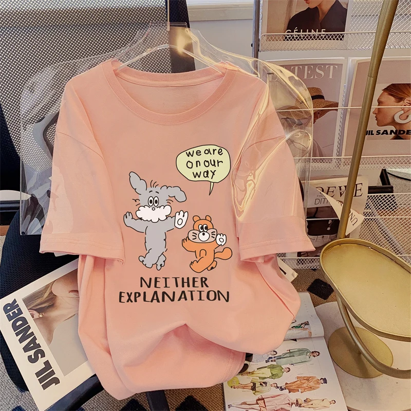 

Cotton Summer Short-sleeved T-shirt Women's Loose Tshirts Korean Version Round Neck Cartoon Top Kawaii Tees Y2k Tops