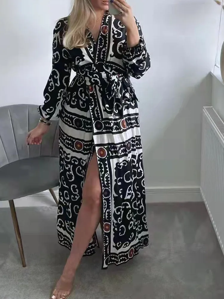 

PUWD Women V Neck Bow Lace Waist Dress 2022 Spring Fashion Ladies Chinese Style Vintage Dress Femnale Wrap Printed Dress
