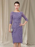 Sheath Mother of the Bride Dress Elegant Bateau Neck Knee Length Chiffon Lace 3/4 Length Sleeve with Bow(s) Appliques