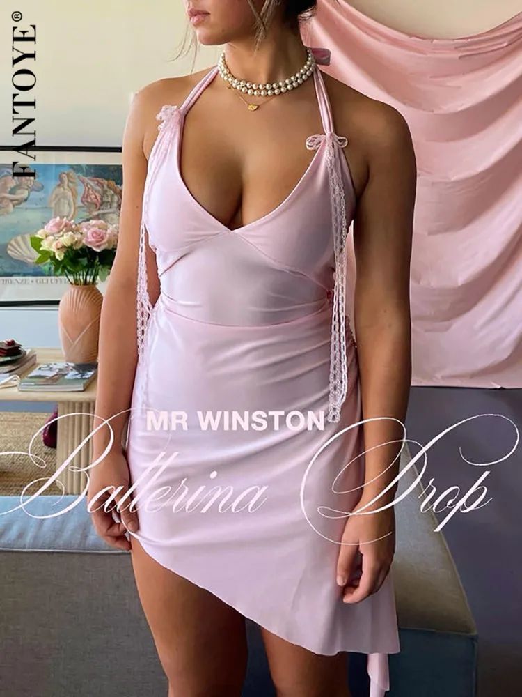 

Женское платье с открытой спиной Fantoye, розовое мини-платье с v-образным вырезом на шнуровке, Осеннее тонкое Элегантное Вечерние, Клубная одежда, Vestidos 2023