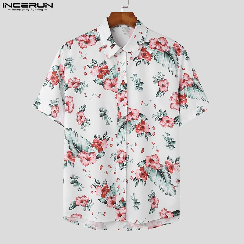 

INCERUN Tops 2023 Korean Style New Mens Fashion Loose Button Lapel Shirts Casual Plant Flower Printed Short Sleeved Blouse S-5XL