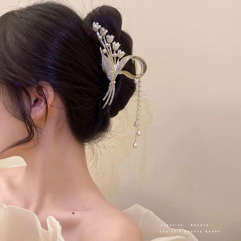 

1pc Elegant Temperament Hairpin Chinese Style High-End Shark Clip Rhinestone Tassel Lady Hair Grab Back Head Headdress