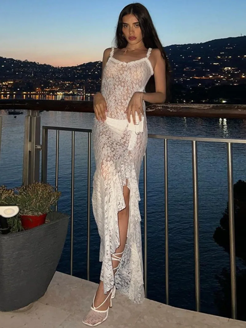 

Elegant Solid White Lace Dresses for Women Sexy Sleeveless Hollow Out Backless Lace-up Bodycon High Slit Long Party Dress 2023