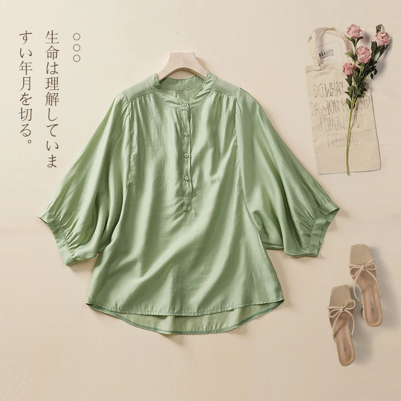

Loose Solid Color Stand Collar Shirt Women's Summer 2022 New Versatile Bat Sleeve Pullover Shirt