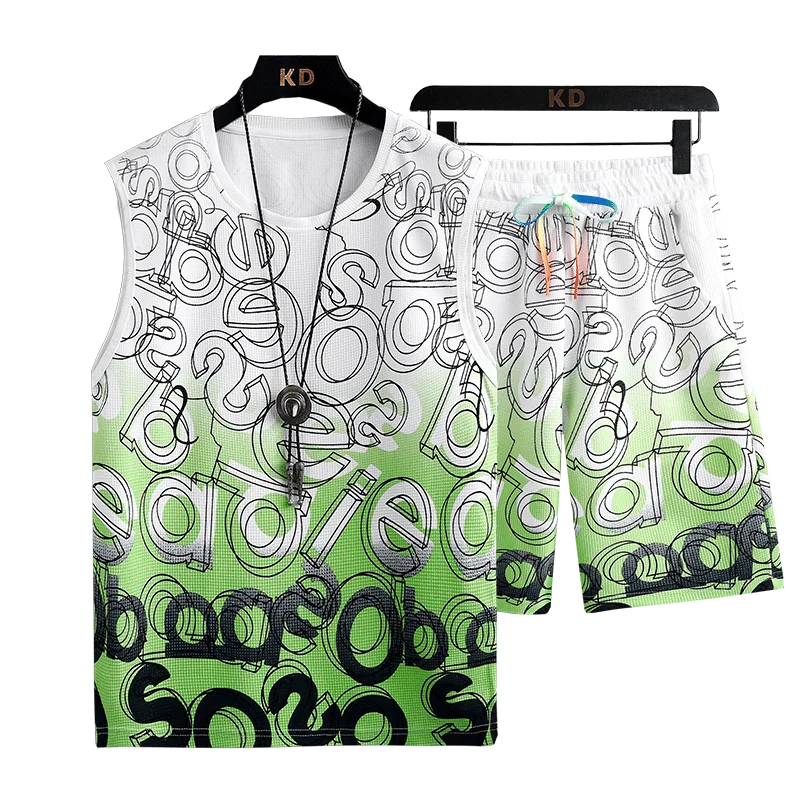Waffle Sleeveless Suit T-shirt Men's Summer Basketball Vest Waistcoat Fitness Sports Student Shorts Summer Suit