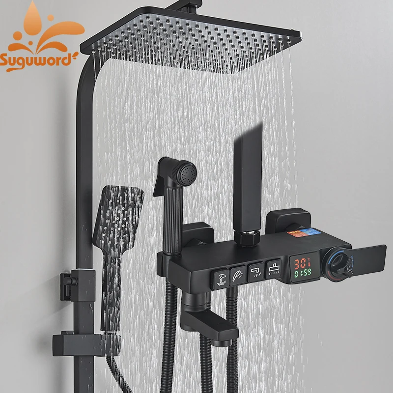

Thermostatic Digital LCD 4 Modes Shower Faucet Set Wall Mounted with Rack Bidet Faucet Cold Hot Water Mixer Valve Bathroom Crane