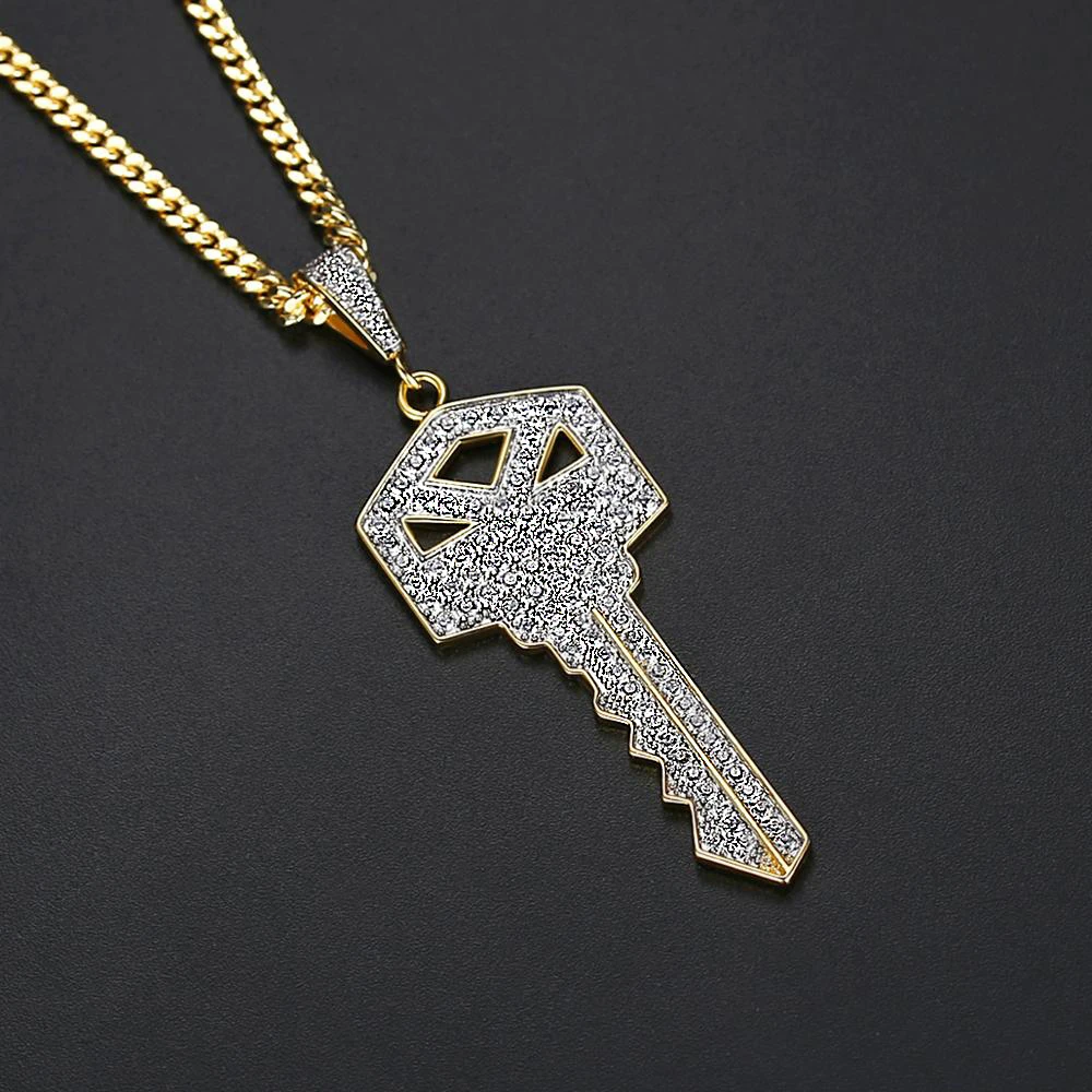 

JINSE Key Necklace Gold Plated Hip Hop Zircon Pendant for Men Women Fashion Vintage Chain Cuban Couple Initial Luxury Jewelry