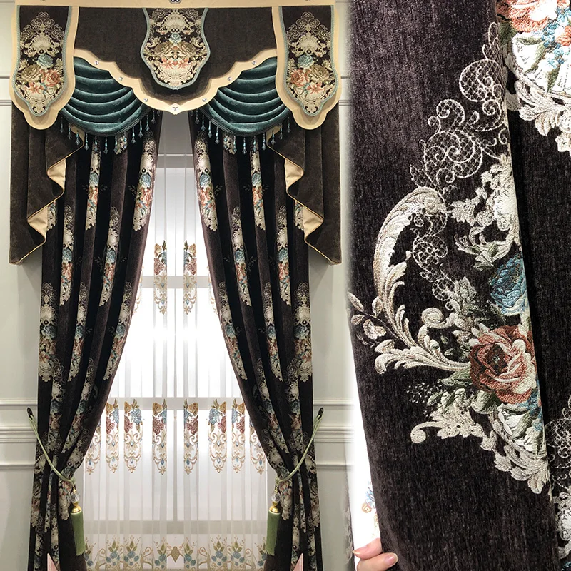

Curtains for Living Room European and American Style Dark coffee Luxury Window Curtain Bedroom Window Door Villa Embroidery
