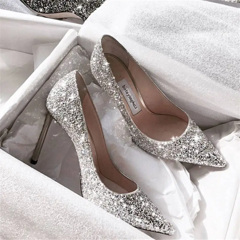 

2022 Fashion Spring New Autumn Woman 9CM/7CM High Heels Silver Wedding Shoes Stiletto Pointed Toe Slip-on PU Bling Luxury Ladies