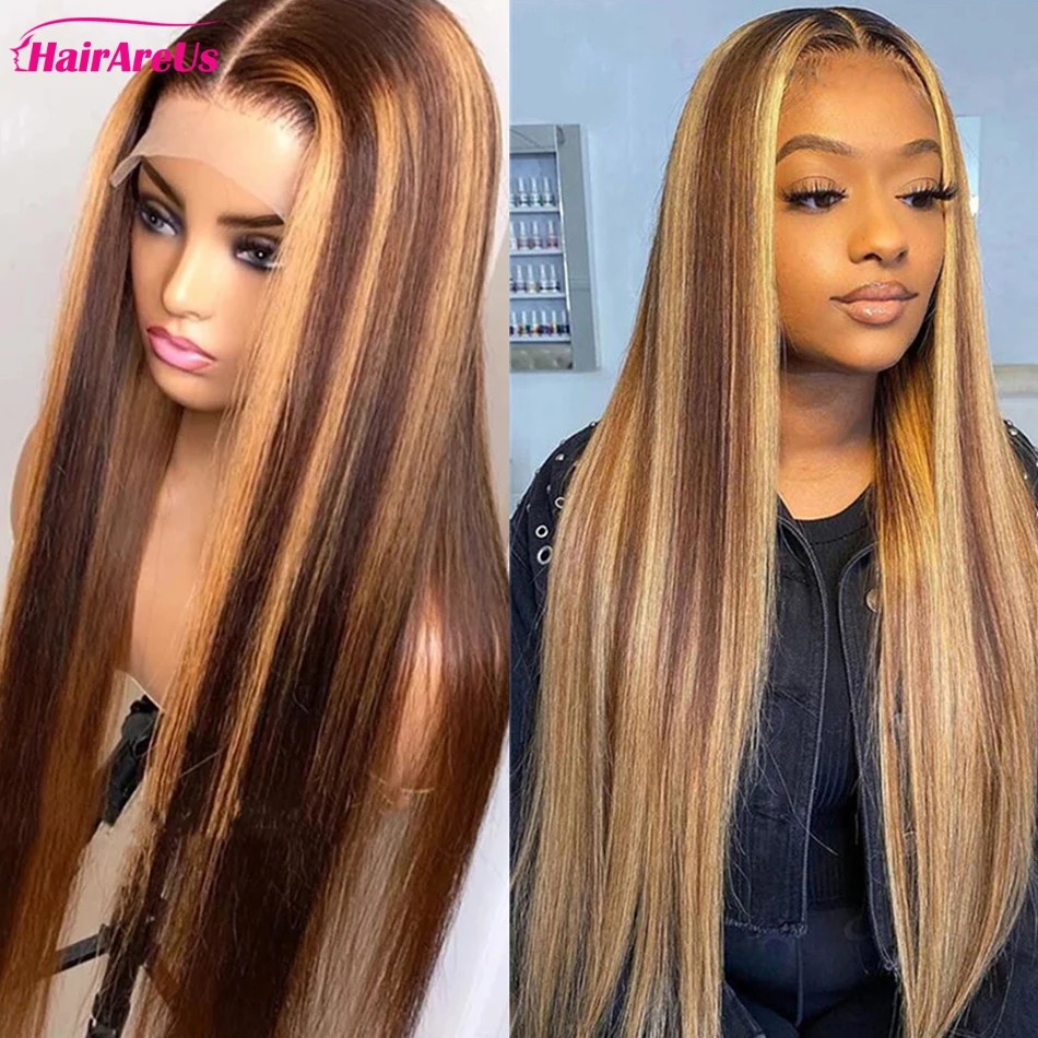 Парик прямой с выделением 30 дюймов из человеческих волос, 13x4 омбре блонд с HD кружевной передней частью для женщин, 4x4 коричневые парики.