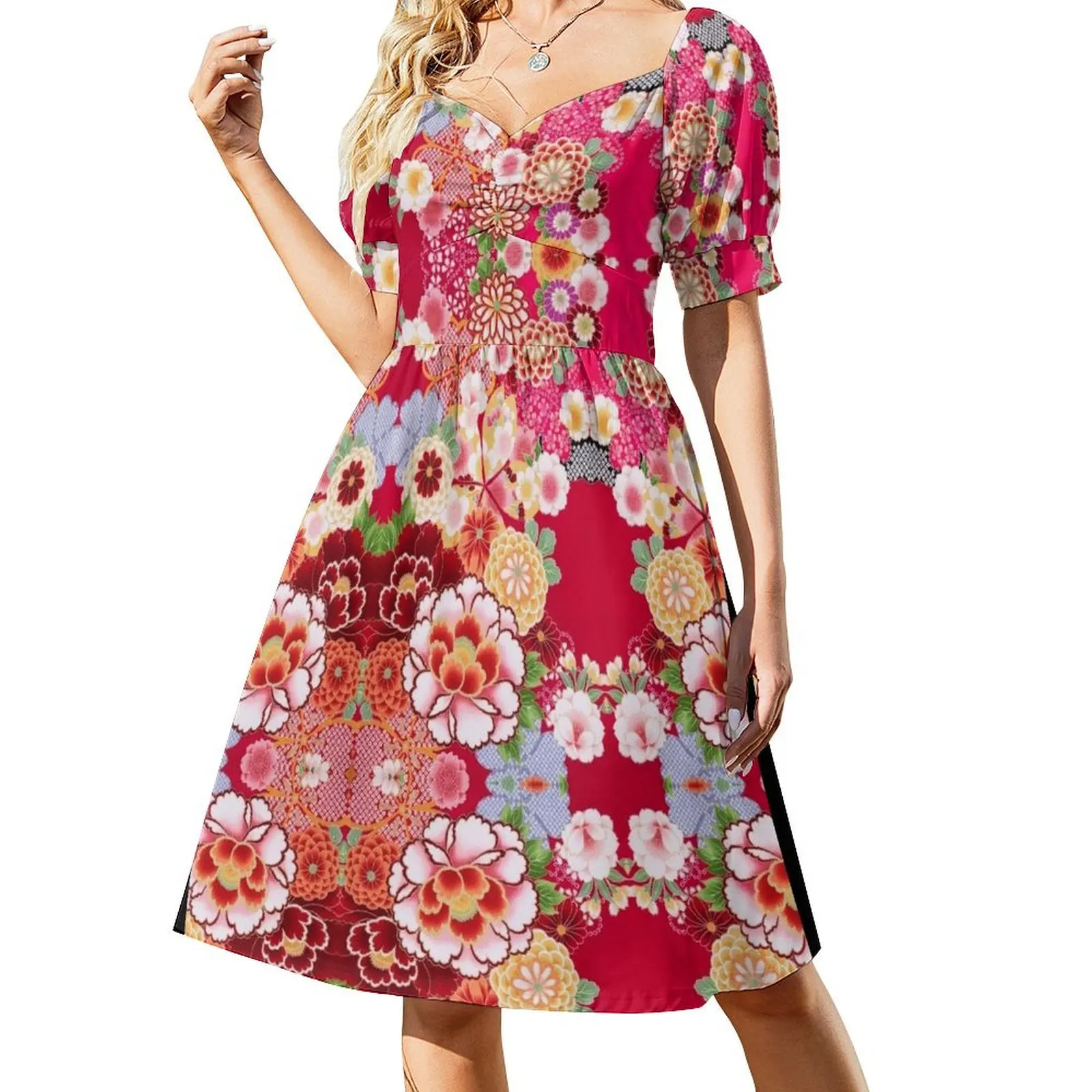 Красное платье с короткими рукавами и цветочным принтом женское элегантное