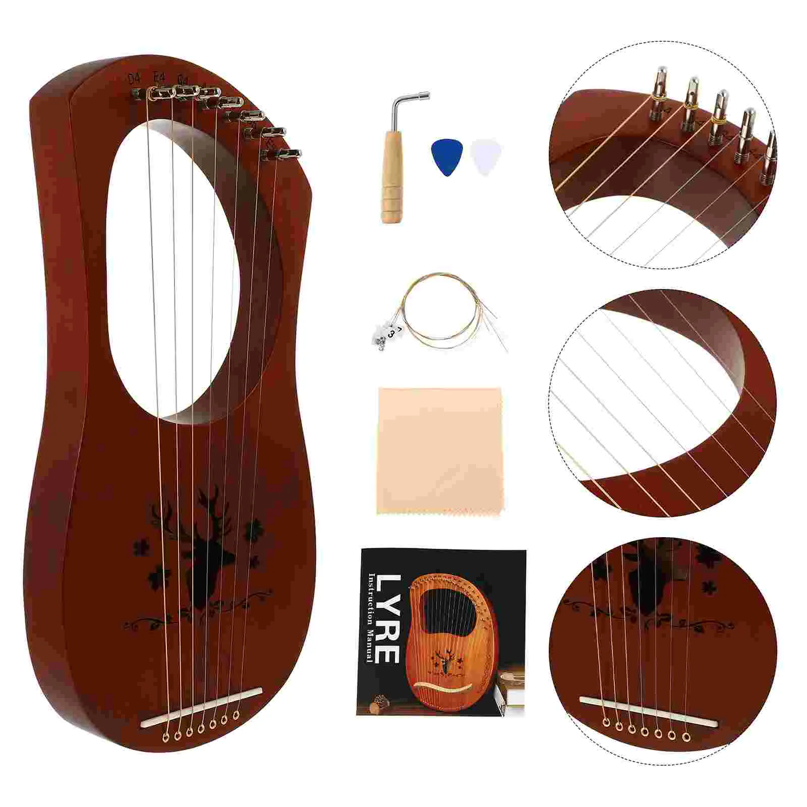 

7-note Lyre Wrench Harp Tuning Musical Instrument Little Retro Ancient Style Mahogany Wood Crafts Handheld