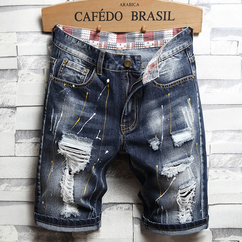 

Summer New Fashion Mens Graffiti Ripped Short Jeans Casual Slim Big Hole Retro Straight Denim Shorts Men's Brand Clothing
