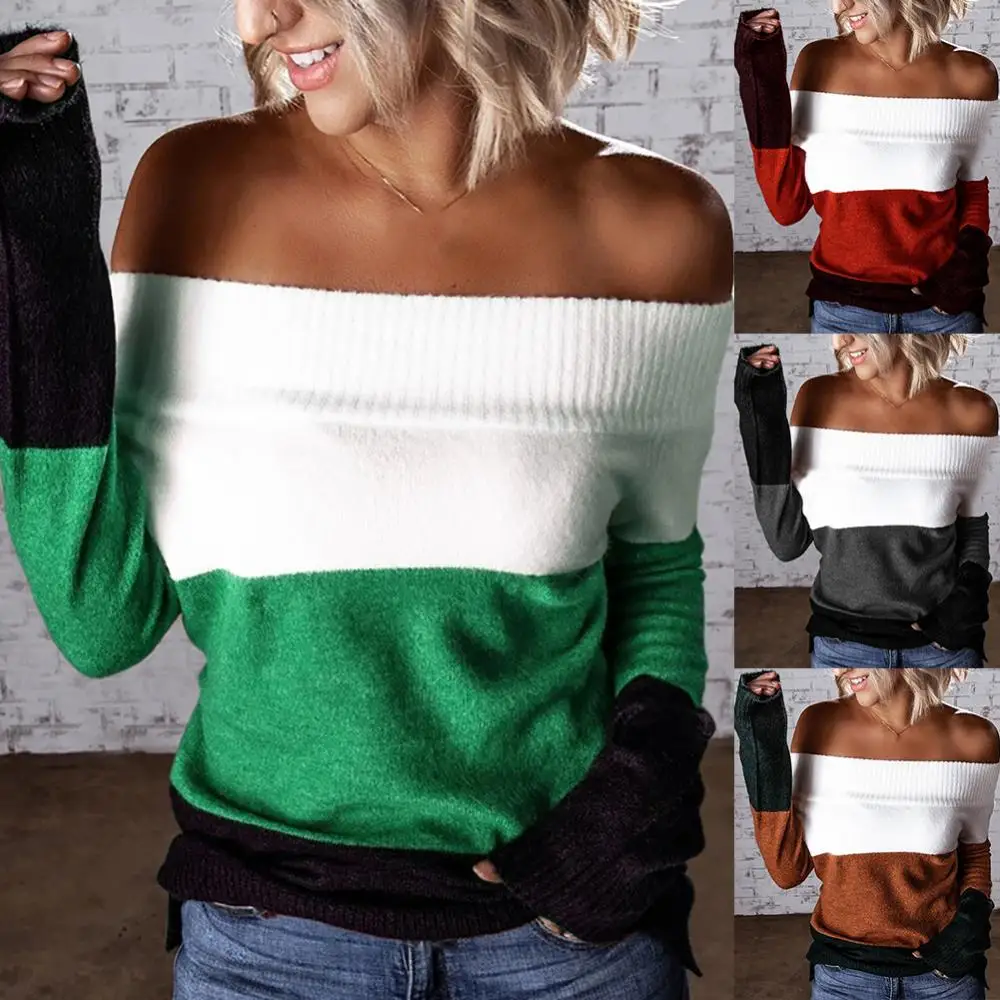 

Women Long Sleeve Autumn Knitted Sweater Knitted Sweater Pullover Ele-Choices Winter Off Shoulder Patchwork Sweater