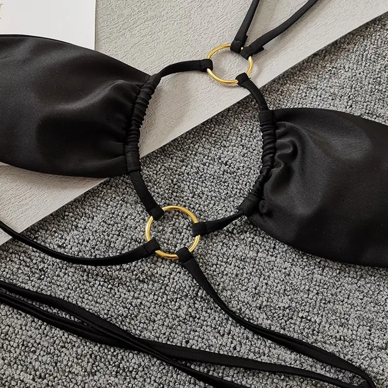 Черный купальник женское сексуальное Бандажное бикини с лямкой на шее микро