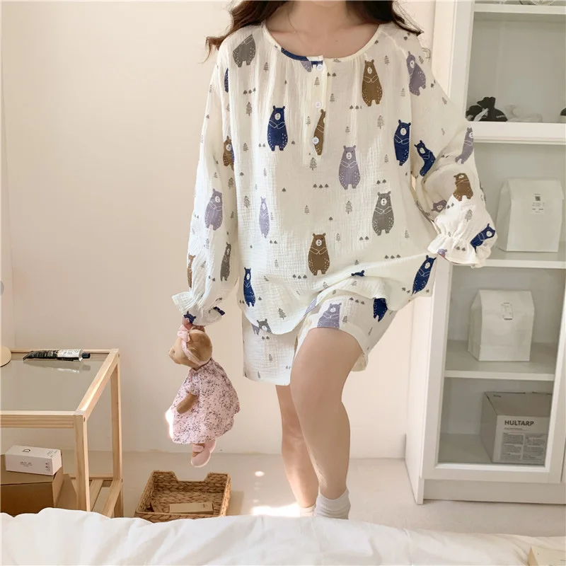 Soft Cartoon Print Spring Long Sleeve Home Sweet Kawaii Pajamas Set Women Elegant Casual Loli Simple Two Piece Set Fashionable