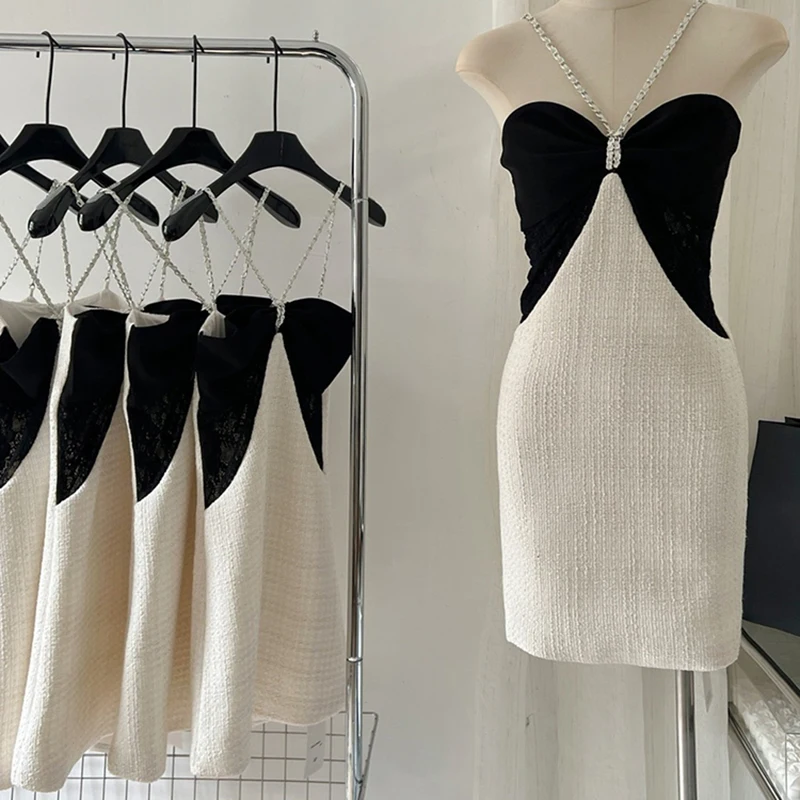 

2023Spring Summer Women's New French Dress y2k clothes birthday party small dress sexy chain neck sheath dress short 24Hshipping