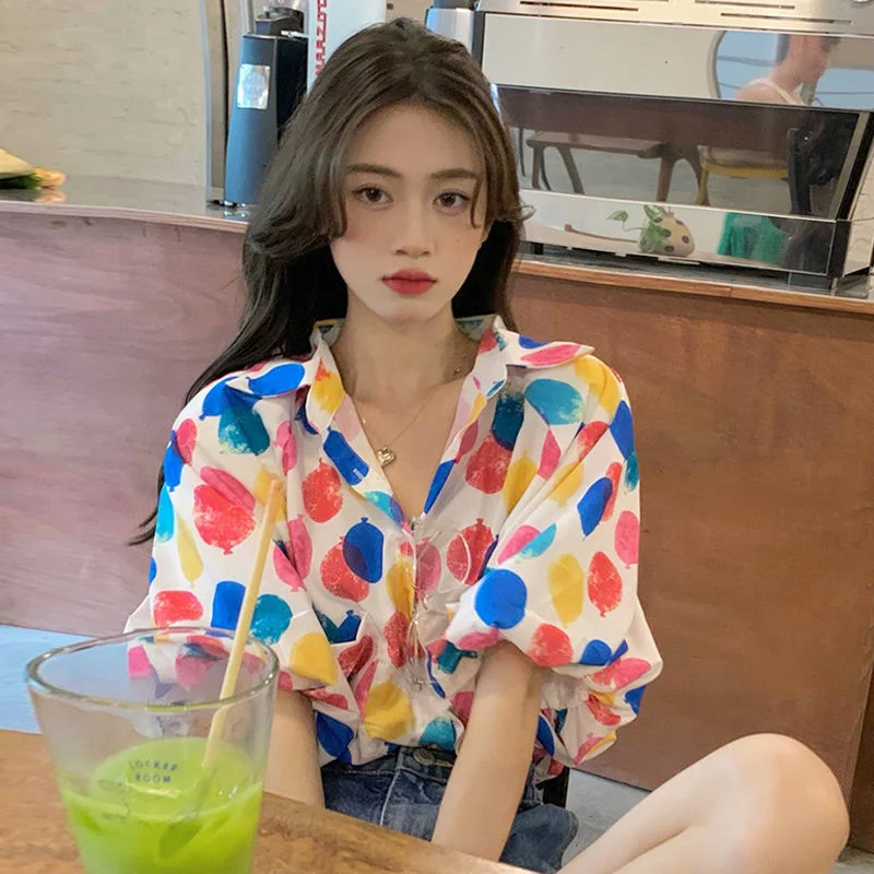 Full Printed Shirts Women 2022 Summer Puff Short Sleeves Single-Breasted Vintage Blouse Casual Streetwear Thin Female Shirt
