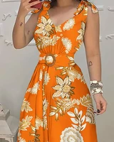 2022 summer woman casual chic v neck floral print tied detail belted design sleeveless maxi vacation dress